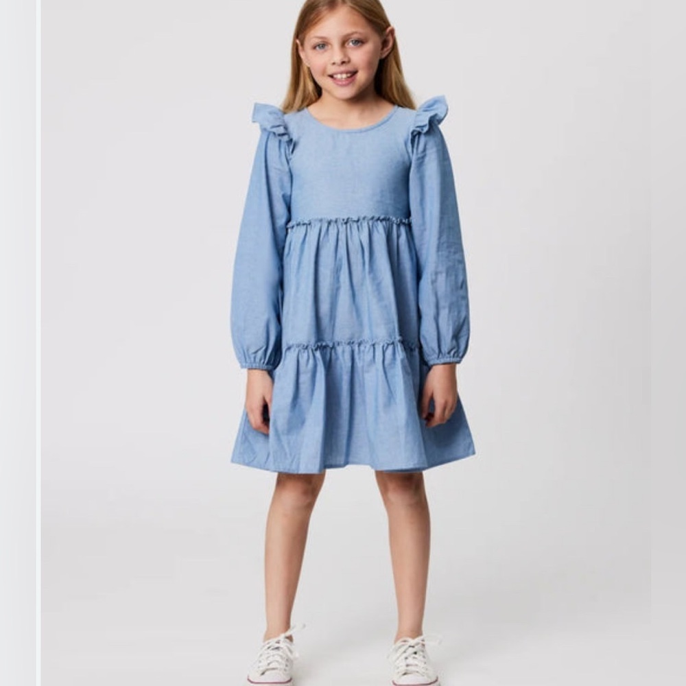 MANGO Girls Lightweight  Denim (Tencel) Tiered Dress Long Sleeve Size 10 (yrs)